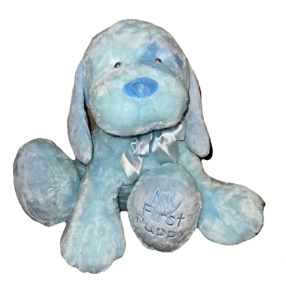 Baby Gund My 1st Puppy Dog Plush Floppy Blue Satin Bow Embroidered Foot 22